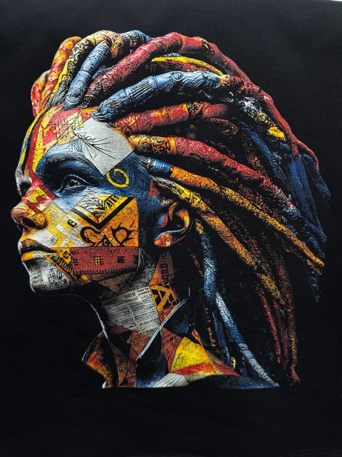Multicolour portrait DTF print with detailed hair and shading on black fabric