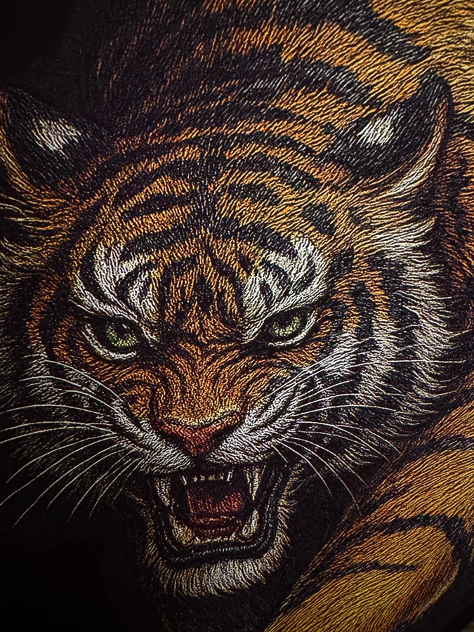 Tiger DTF print close-up showing fine fur lines and colour detail