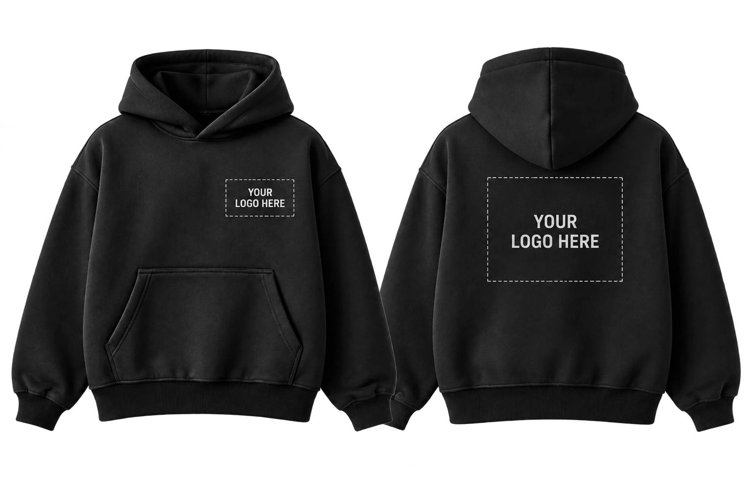 Illustrative black oversized hoodie front and back views showing custom logo placement